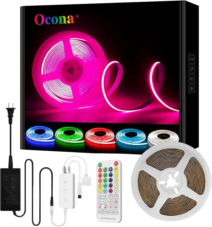 RGB COB Led Strip Kit, 9.8FT Ultra Bright (840LEDs/m) Bluetooth Led Lights with Smart App Control Remote, 24V Music Sync Led Lights, Color Changing Led Strip Lights for Bedroom, Indoor Home Decor