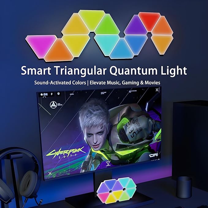 LED Triangle Wall Lights 12-Pack, WiFi App/Voice Control with Music Sync, 16M Colors RGB Gaming Room Decor for Bedroom, Party, Streaming Background