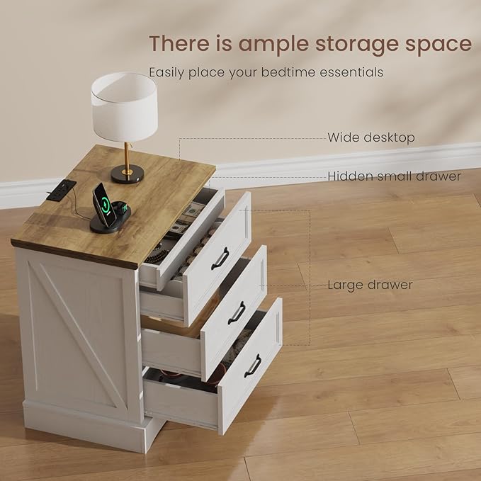 NightStand with Charging Station, Farmhouse 23.6" W Bedside Table with 4 Drawers, Night Stand for Bedroom, Home Office, White & Brown