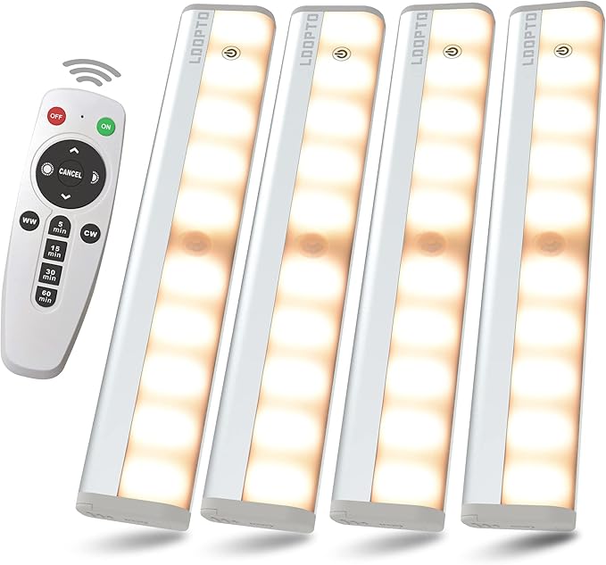 LDOPTO Under Cabinet Lights with Remote, Wireless LED Battery Operated Motion Sensor Light Indoor Stick-on Anywhere Counter Night Lights for Kitchen, Cabinet, Closet, Hallway Stairway 4 Pack