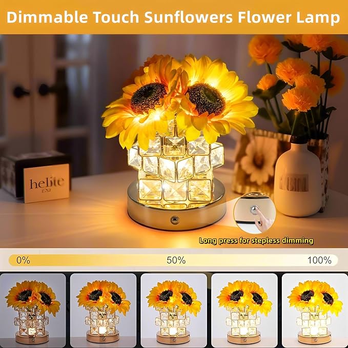 Sunflowers Flower Lamp,Rechargeable Cordless Touch Table Lamp for Bedroom,3-Colour Dimming Small Night Light,Crystal Bedside Lamps with USB Charge,Birthday Valentines Day Gifts for Women,Mom,Wife