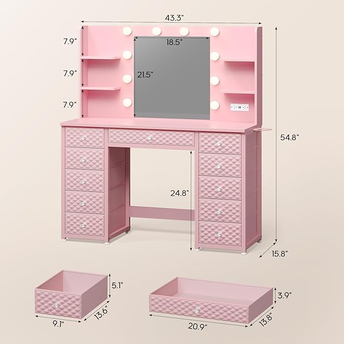 Pink Vanity with Lights and Mirror, 11 Drawer Makeup Vanity with Power Strip, 6 Open Shelves, 43.3” Vanity Desk with Storage, Dressing Table with 3 Color Modes for Bedroom, Women, Girls (Pink)