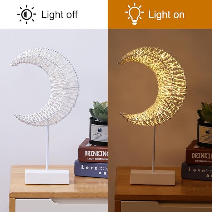 Lewondr Ramadan Decorations Moon Table Lamp, Moon Shape Rattan Ramadan Desk Lamp Battery Powered Light, Winding Thread LED Crescent Light for Home Bedroom Bedside Desktop Eid Mubarak Decorations