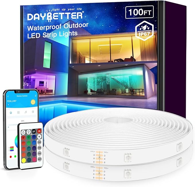 DAYBETTER 100ft Outdoor LED Strip Lights, Waterproof, IP67 Outdoor LED Lights with Remote, Bluetooth APP Control, Color Changing LED Rope Lights for Bedroom, Bathroom, Roof, Balcony, Pool