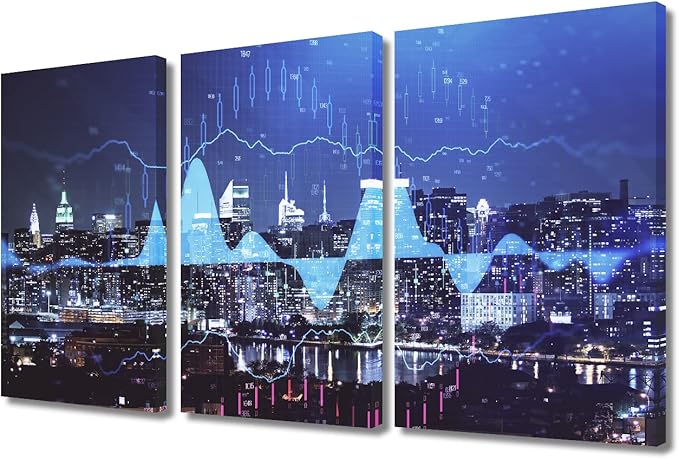 TUMOVO Black and White Wall Art Forex Chart Drawings Over Cityscape 3 Panels Cityscape at Night Background Wall Decor for Bedroom Framed Ready to Hang (36" Wx24 H)