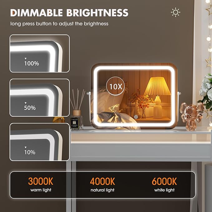 Hasipu Vanity Mirror with Lights, 15" x 11" LED Makeup Mirror, 3 Modes Light, Smart Touch Control Dimmable, 360°Rotation, Rectangle White Frame, with 5X Magnifying Glass