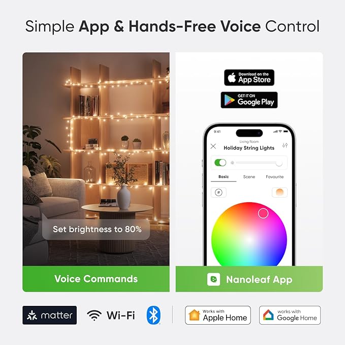 Nanoleaf Smart String Lights, 300 LED RGBW Indoor Christmas Lights, Matter Bluetooth & WiFi Multicolor LED Lights, App & Voice Control, Works with Apple Home, Google Home