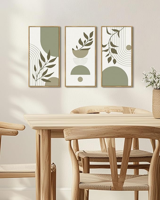 KUVIOKE Boho Light Green Wall Art Framed Botanical Leaf Artwork Minimalist Line Decor for Bathroom Living Room 8x16in3pcs Natural Framed