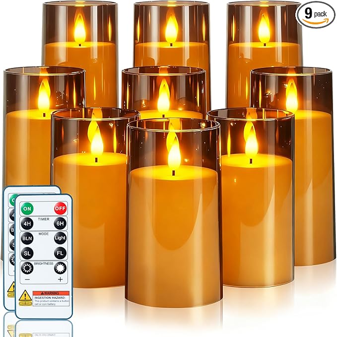 Homemory Gray Flickering Flameless Candles, Battery Operated Acrylic LED Pillar Candles with Remote Control and Timer, Halloween Decor, Set of 9