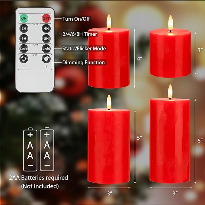 Red Flameless Pillar Candles, Battery Operated Wax Candles with Remote, Flat Top Flickering Christmas LED Candle Decorations for Xmas, Home, Party Decor, Set of 4