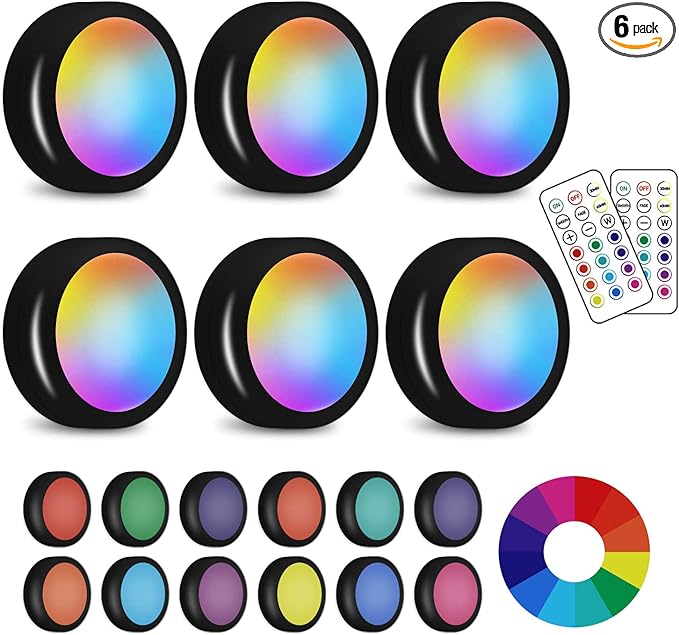 LED Puck Lights with Wireless Remote, 13 Colors RGB Dimmable Under Cabinet, Battery Powered Color Changing, Party Atmosphere for Kitchen Closet Counter, 6 Pack
