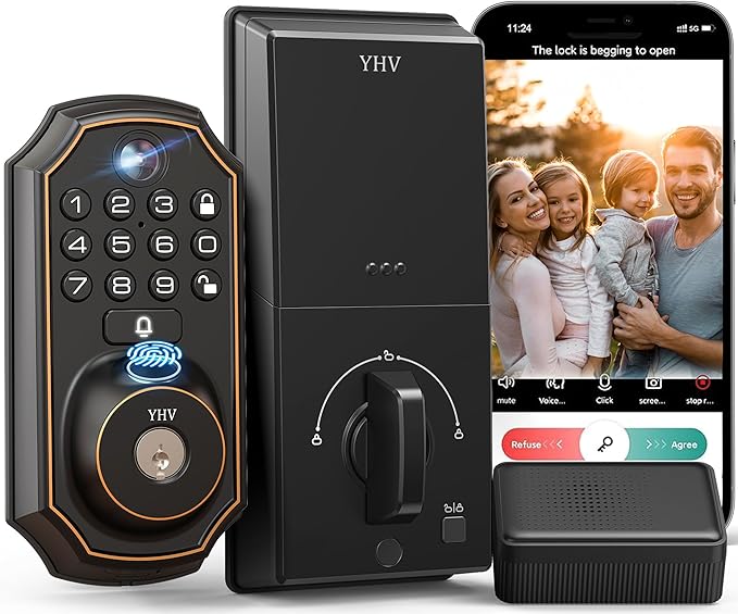 Smart Door Lock with Camera Fingerprint Keyless Entry Door Lock Electronic Deadbolt with Keypad Code, App Remote Control, Auto Unlock for Front Door