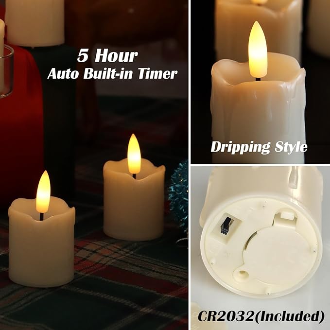 Set of 6 Flameless Votive Candles with Timer (5 Hour) Realistic Black Wick Battery Operated Candles Dripping Flickering LED Tealights for Wedding Party Holiday Christmas Halloween Decoration