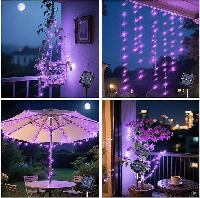 VOOKRY 10 Strands 200 LEDs Solar Fairy Lights Outdoor Waterproof, Solar Powered String Lights 8 Modes DIY Watering Can Lights for Party Wedding Patio Yard Garden Tree Decorations(Purple)
