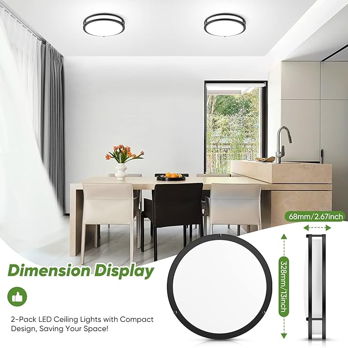 TOBUSA 36W 3600lm Super Bright LED Ceiling Light Fixtures, Modern Black Flush Mount LED Lights Daylight White 5000K, 13 Inch Dimmable Ceiling Lamps for Kitchen Bathroom Hallway Bedroom, 2 Packs