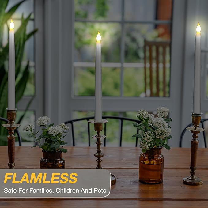 Tuanse 24 Pack Flameless Flicker Taper Candles Bulk with Remote and Timer, Battery Operated LED Warm White Taper Candles Light for Home Wedding Decoration Gifts(White,10 Inch)