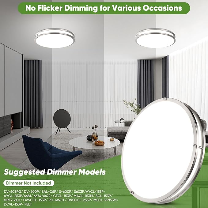 16in 50W LED Flush Mount Ceiling Lights 5600lm Super Bright, Dimmable LED Ceiling Light Fixtures 2700K-6500K 5CCT Adjusted, 2-Pack Modern Light Fixture Ceiling for Living Room Bedroom Kitchen , Nickle
