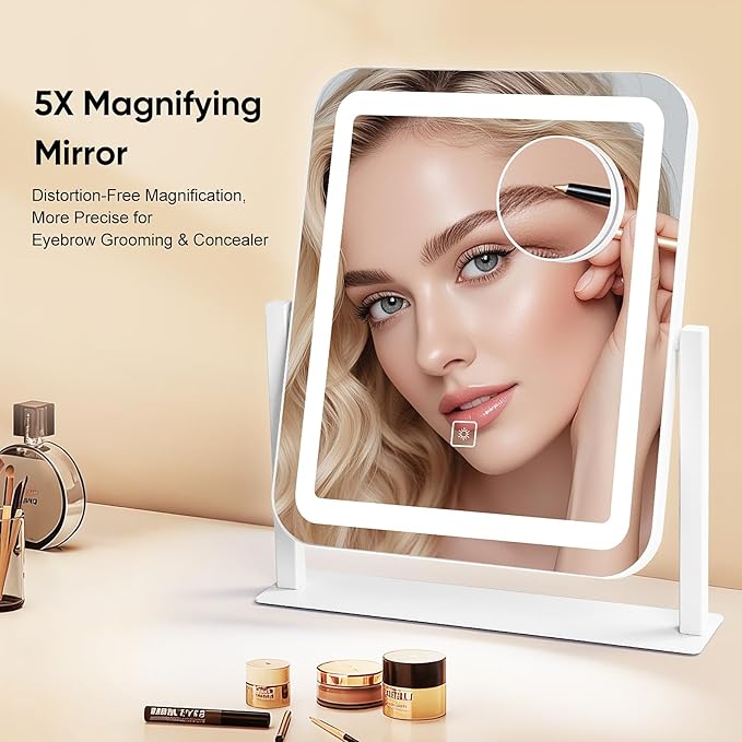 Vanity Mirror with Lights, 14.8x12.6 Inch White LED Makeup Mirror, 3-Color Dimmable LED Smart Touch Screen, 5X Magnification & 360° Rotation, Large Tabletop Makeup Mirror for Bedroom