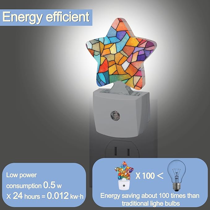 Colorful Stained Glass Dusk to Dawn Star Night Light,Abstract Smart Sensor Nightlight for Bedroom Kitchen Hallway Stairs,Plug-in Energy Efficient Decor Desk Lamp Women Men Gifts
