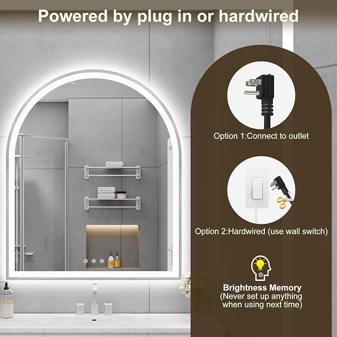 Arched LED Mirror for Bathroom 30"x36", Silver LED Bathroom Mirror with Lights-Fogless, Dimmable, 3 Color Changing, Touch Sensor