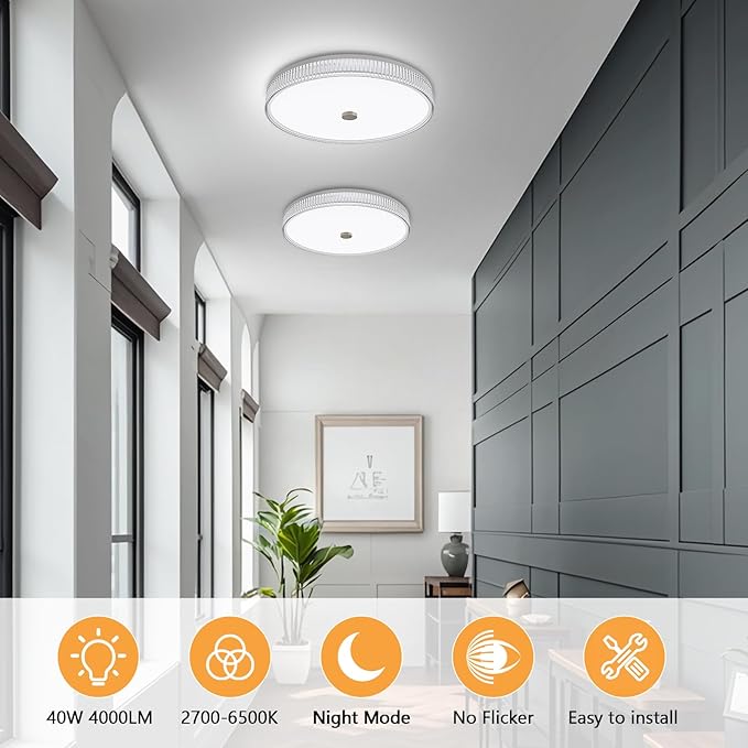 OOWOLF Flush Mount LED Ceiling Light Fixture, 2700K-6500K Super Bright 40W 4000LM 15.75 Inch Dimmable Warm/White Light Kitchen Light Modern Ceiling Lamp for Bedroom Bathroom, Chandeliers with Remote
