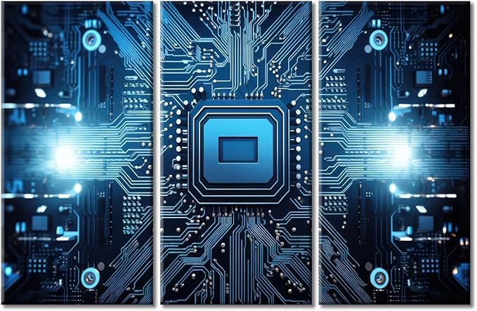 Chip Canvas Wall Art for Living Room Family Wall Decor, Kitchen, Bathroom, Bedroom Modern Wall Decor 3D Technology Motherboard Pictures Artwork Home Decor 3 Pieces Framed Ready to Hang (42"Wx28"H)