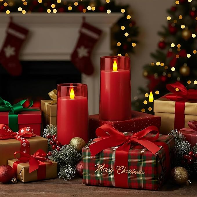Raycare Flameless Electronic Pillar Candles with Remote Control and Timer- Battery Operated Realistic Flickering LED Fake Candle for Home, Wedding, Valentine's Day Decor, Red,Set of 2(3"x6"6")