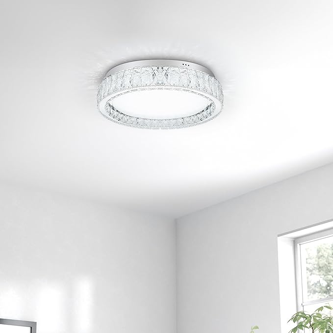 Krychiler 9.8" Small Crystal Flush Mount Ceiling Lights, Dimmable LED Modern Close to Ceiling Lighting Fixture, Chrome Hallway Round Chandelier for Bedroom Kitchen Bathroom Closet Foyer Dining Room