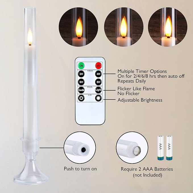 Homemory 6 Pcs Flameless Taper LED Candles with Remote and Timer, 3D Wick Flickering, Window Candles with 2 Light Modes, Battery Operated for Xmas Wedding Decor, 9.6 Inch