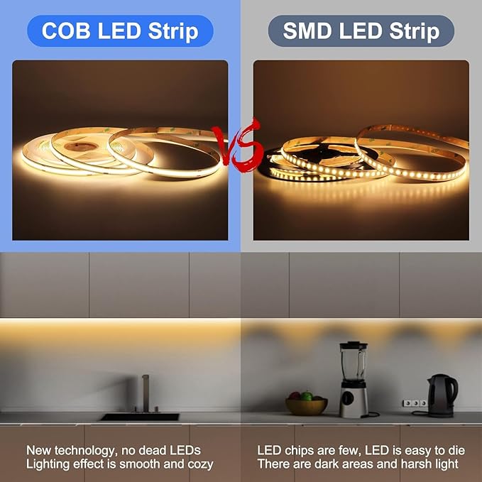 COB LED Strip Light, IP30 DC24V 3000K High Density Uniform Light 480LEDs/M Super Bright CRI>90 16.4ft Tape Dotless Cuttable Flexible for Cabinet Home Indoor DIY Lighting (No Power or Controller)