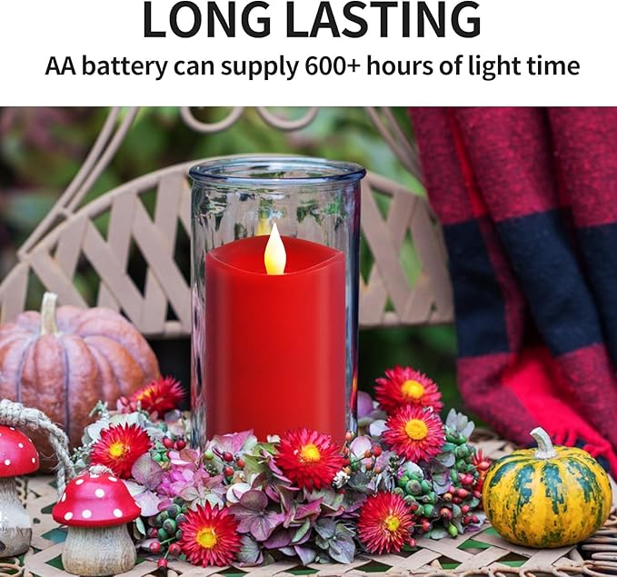 3x5 Flickering Flameless Candles Set of 1, 2AA Battery Life 600 Hours Battery Candles Flickering with Timer,5 inch Flameless Candles with Remote for Indoor/Outdoor, Red