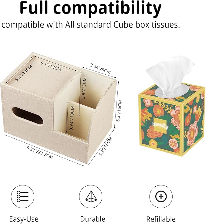 Leather Square Tissue Box Cover with Storage Tray,Cube Tissue Box Holder,Modern Facial Paper Organizer with Remote Control Holder for Bathroom,Vanity Countertop,End Table NightStand Home Office.Beige