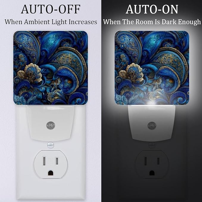 Swirls Floral Elements Ornamental Night Light Plug in, Nightlight with Dusk to Dawn Sensor, Automatic On and Off, Energy Efficient, Soft Glow, 2 Pack