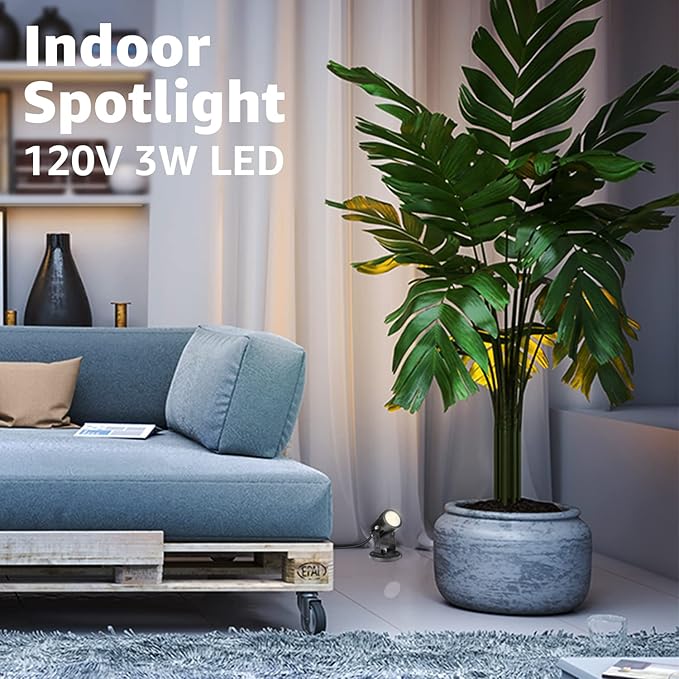 SUNVIE 4 Pack LED Spotlight Indoor for Plants Up Lights 120V Floor Spot lights Warm White Accent Lights for Indoor Statue Decor Uplighting, 5.9 FT Cord with Floor Foot Switch (Base and Stake Included)