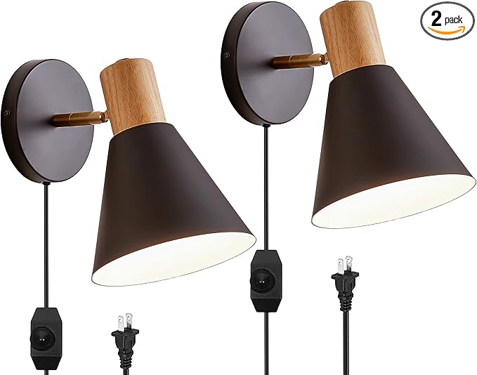 ClanKin Wall Sconces Lighting Set of 2 for Bedroom, Black Dimmable Wood Style Wall Sconce Reading Lamp, Adjustable Wall Light for Bedroom Hallway Living Room (Black-Plug in, 2)