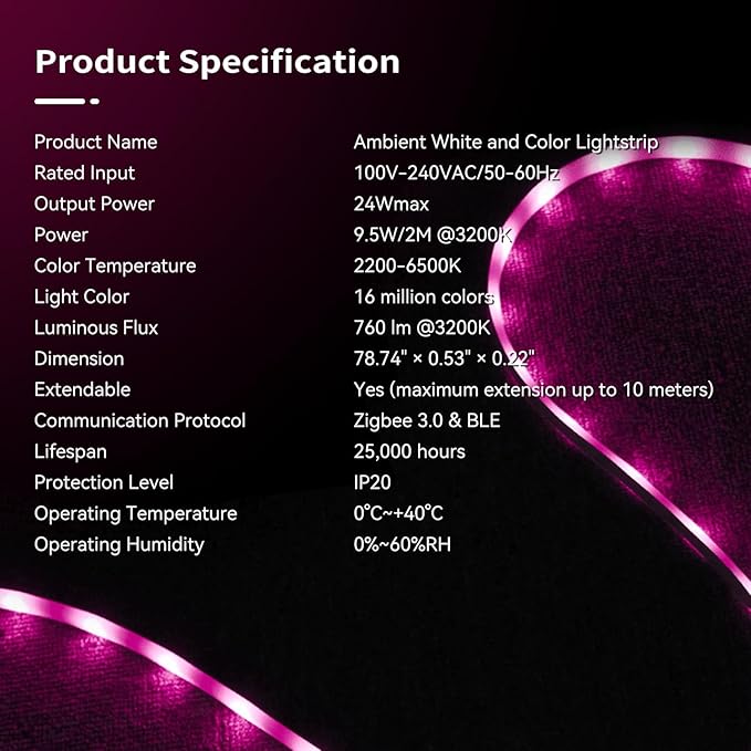 Zigbee3.0 RGBCW Smart LED Strip Lights,2M/6FT Ambient LED Strip Light,16Million Colors Changing LED Light Strip for Bedroom…