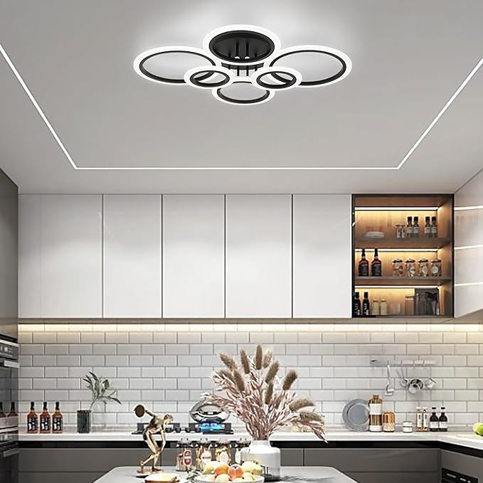 Vikaey Modern LED Flush Mount Ceiling Light, 6 Rings Black Close to Ceiling Light Fixtures, Living Room Lighting Fixture Ceiling Lamp for Kitchen, Bedroom, Laundry Room, 4000K Not Dimmable