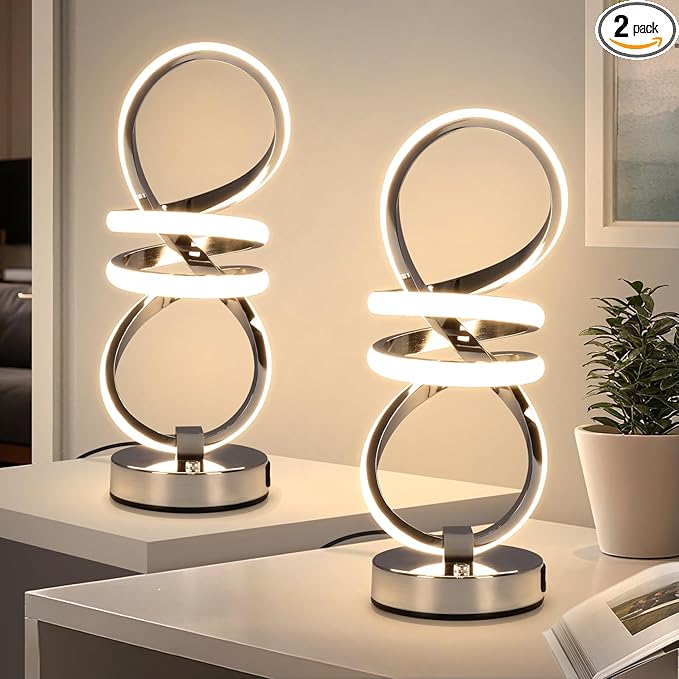 RGB Spiral Table Lamp, Modern LED Table Lamp, Chrome Cool Bedside Lamps, 7 Colors & 10 Light Modes Touch Dimmable LED Nightstand Lamp with USB/Type C for Bedroom, Living Room,Silver