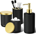 RYTOXILO Matte Black and Gold Bathroom Accessories Set, 4 Pack Glass Bath Accessory Sets Complete, Ribbed Soap Dispenser and Toothbrush Holder Set with 2 Qtip Holders, Modern Gold Bathroom Decor