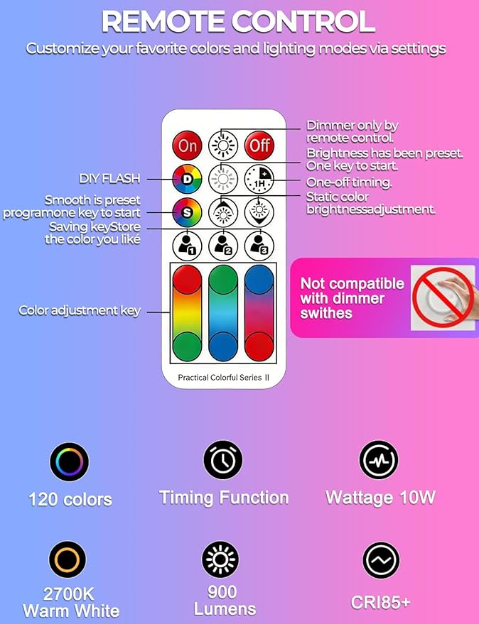 ILC Color Changing LED Light Bulb, 120 Colors, 2700K Warm White, 70 Watt Equivalent, DIY Strobe, RGB with Remote Control, LED 10W A19 E26 Screw (Pack of 2)