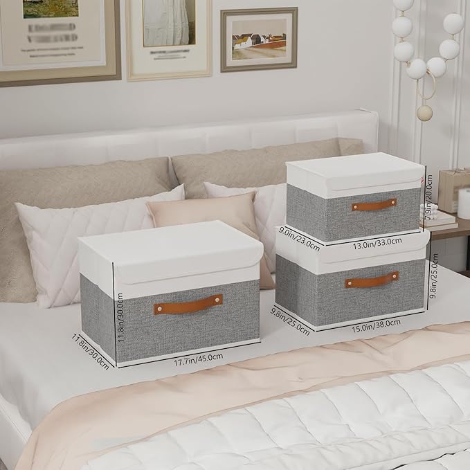 Yawinhe Collapsible Storage Bin, Cube Organizer Basket, Fabric Box with Lids, Washable and Leather Handle, for Home, Closet, White/Grey, 13.0''Lx9.0''Wx7.9''H, 5-Pack, SNK024WGS-5