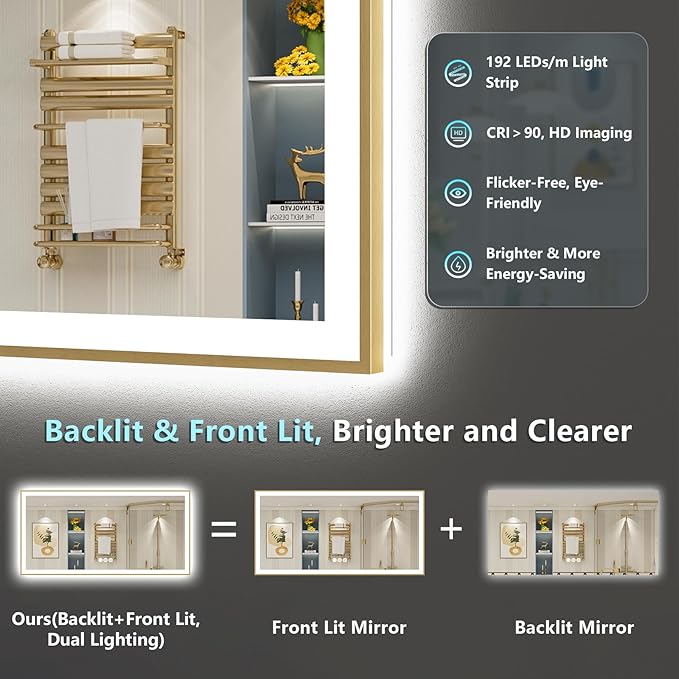 96x36 Gold LED Bathroom Mirror with Lights, Brushed Gold Framed Backlit and Front Lit Anti-Fog Lighted Vanity Mirrors for Bathroom Wall, Dimmable, 3 Colors, Memory, HD Tempered Glass, CRI＞90