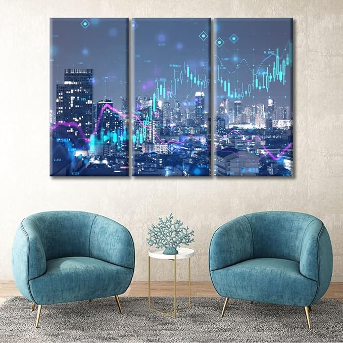 TUMOVO Home Decor Night City Skyline Digital Financial Stock Market Chart Paintings Wall Art 3 Pieces Rustic Home Decor Posters and Prints Stretched and Framed Ready to Hang (60" Wx40 H)
