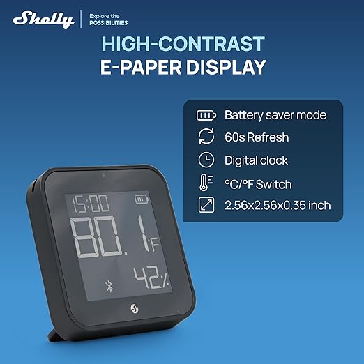 Shelly BLU H&T Display ZB Black, Bluetooth & Zigbee Operated Temperature & Humidity Levels Sensor, E-Paper Display, Home Assistant, Alexa, Google Home, Real-Time Monitoring, Long-Life Battery