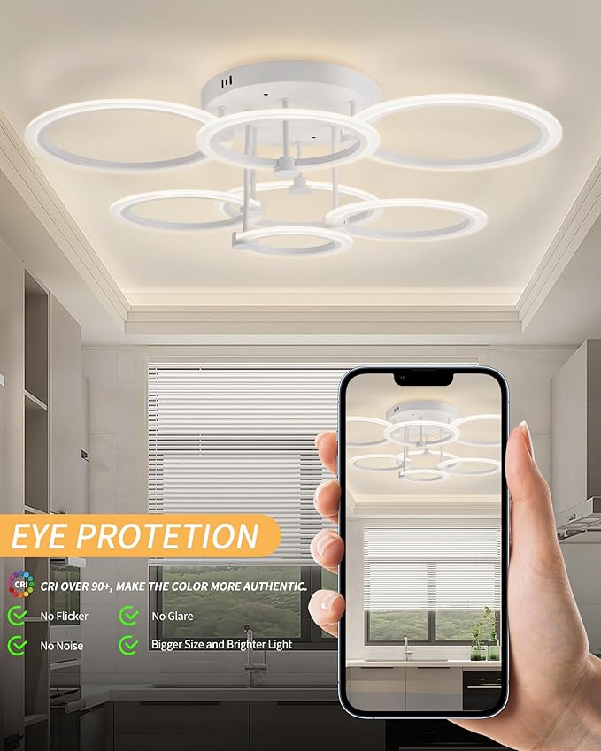 Modern LED Ceiling Light Dimmable Ceiling Light Fixtures with Remote 7 Rings White Close to Ceiling Lights 31.8" 130W 3000K-6500K Flush Mount Ceiling Lamp for Living Room,Bedroom,Kitchen