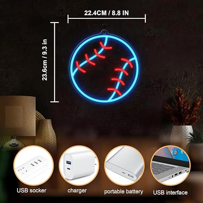 Baseball Neon Sign Dimmable Sport LED Signs USB Powered with Pink and Blue Lights for Wall Decor Living Room Bedroom Man Cave Home College Club Shop Kids Gift