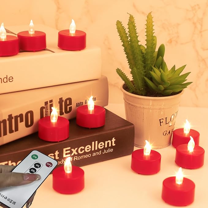 Hanzim Tea Light Candles with Remote Control,Flickering Flameless LED Candle,Long Lasting 400+Hours,Battery Operated with Timer for Home Decoration Seasonal &Festival Celebration(12pcs Red)