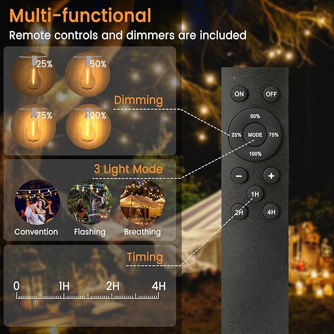 String Lights, 100FT Patio Lights with 64+5 Bulbs(1.5FT Bulbs Spacing), Outdoor String Lights, Remote & Dimmer, 3 Mode Light & Timing, 65PC Mounting Ties for Outside, 2200K (White)
