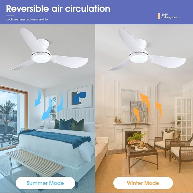 46 Inch Ceiling Fans with Lights, Small Flush Mount Ceiling Fan, Remote/APP Control, 3 Reversible Curved Blades, 6 Speeds, 3 CCT Dimmable Lights for Bedroom, White