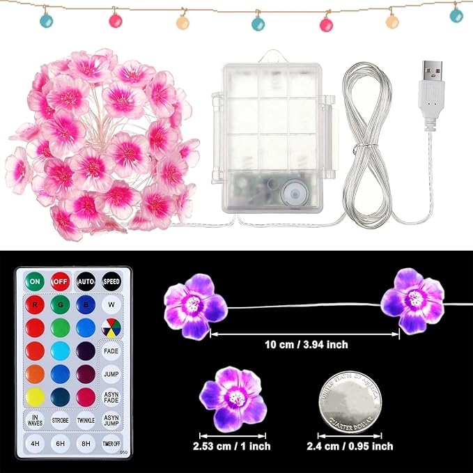 Mudder 16 Colors Cherry Blossom Decor Flower String Lights, Fairy Pink Light String with Timer 13 ft 40 LEDs USB Battery Operated Fairy Lights for Bedroom Indoor Outdoor Wedding Valentines Day(1 Pcs)